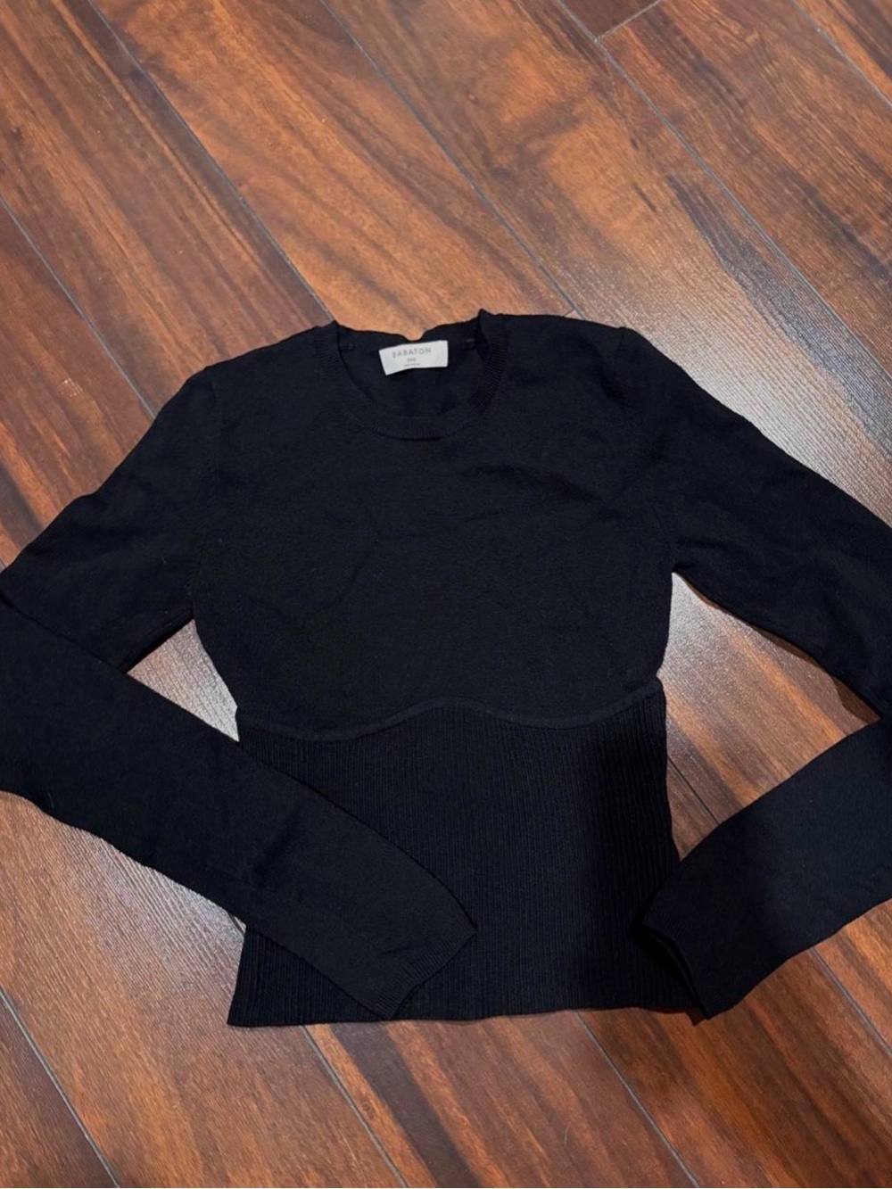 Babaton Black Fitted Ribbed-Waist Long Sleeve Top